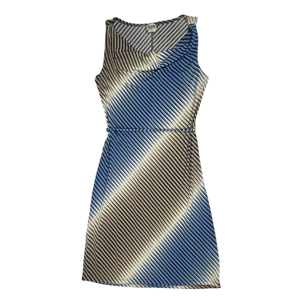 Vintage Y2K 5-7-9 Blue Tan Diagonal Striped Cowl Neck Sleeveless Belted Dress MD